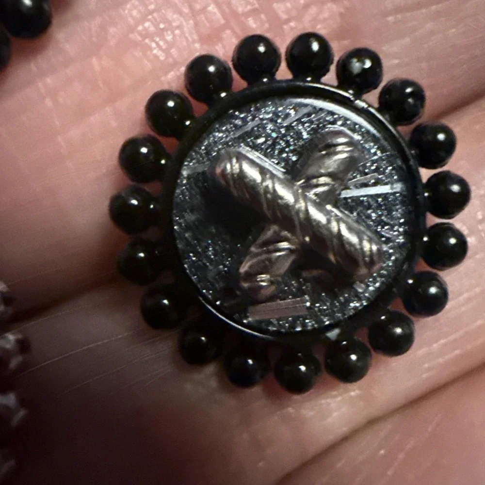 Vintage Incredible Rare GlassPainted Shank Buttons-Heart,Bow&Cross-Black/Silver